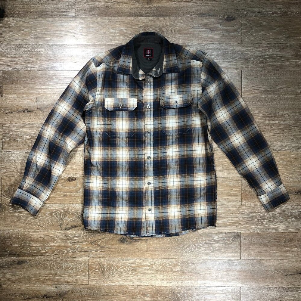 Swiss Tech Mens Small Long Sleeve Shirt Blue Brown Plaid Metal Buttons Hiking